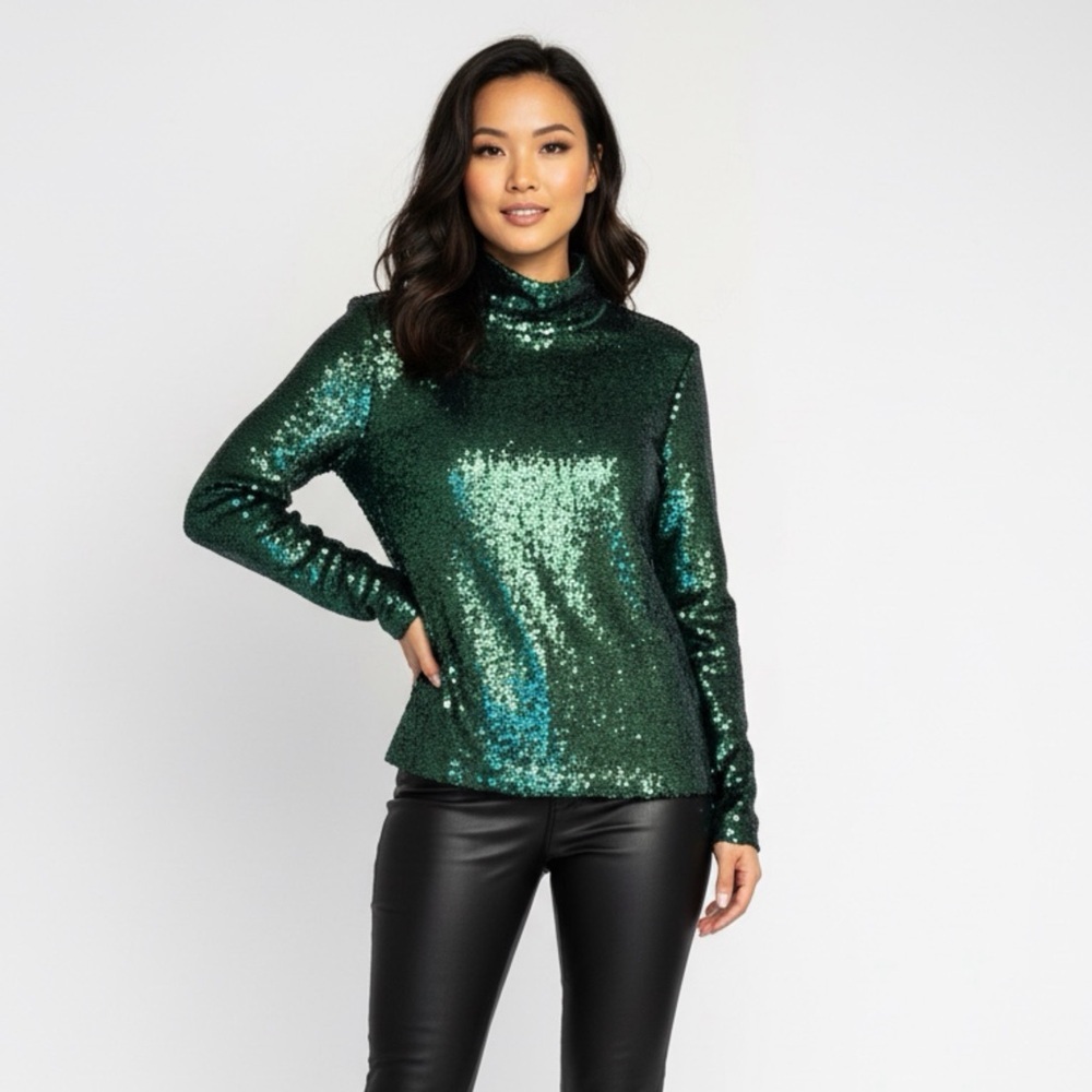 Emerald Green Sequin Mock Neck Top Women’s Long Sleeve Holiday Party Blouse
